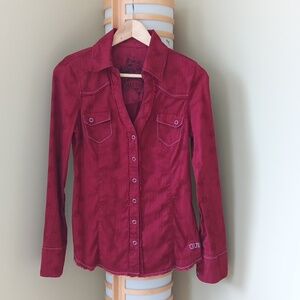 Ptp17" Guess Burgundy Red Embroidered Long Sleeve Button Shirt
